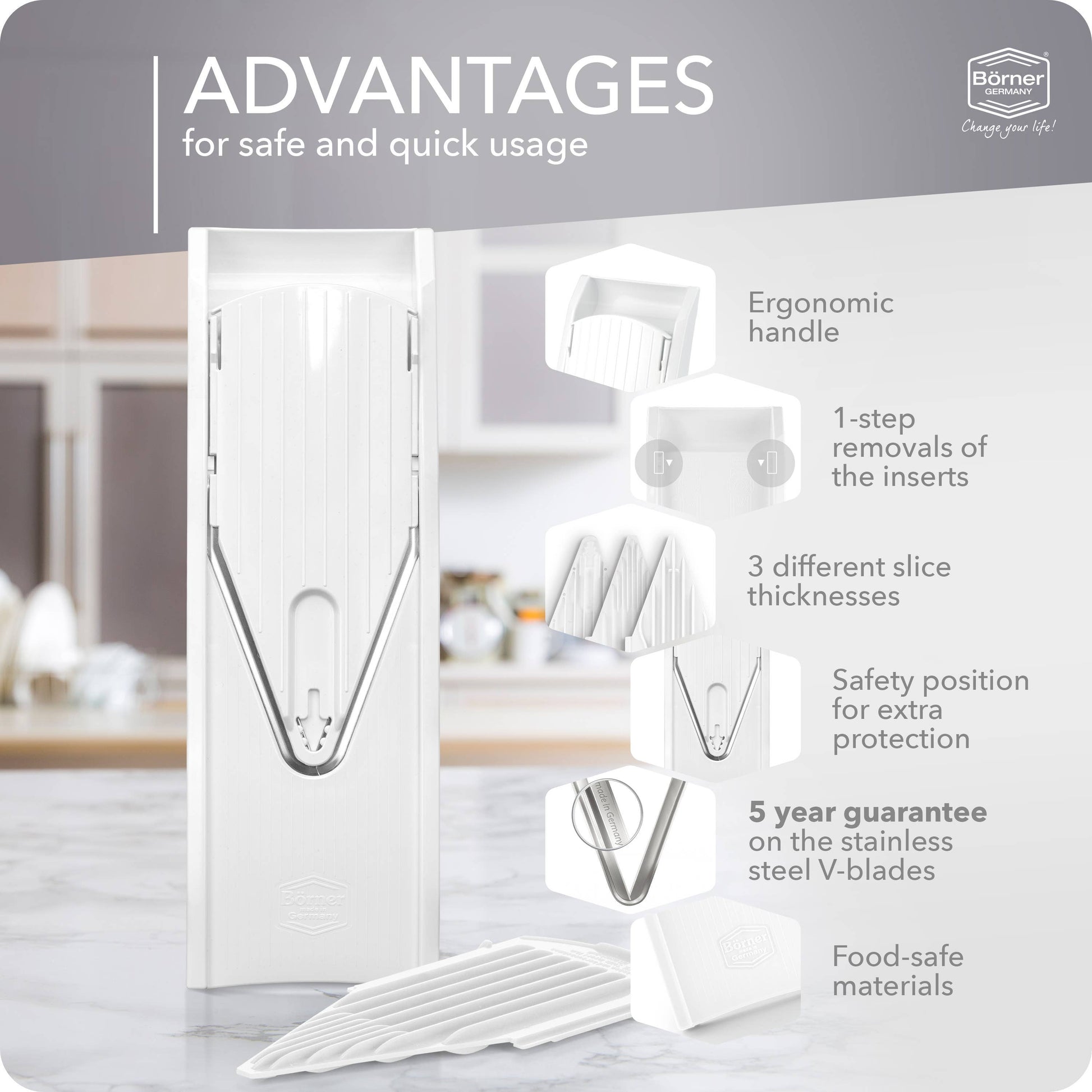 Börner V1 ClassicLine Vegetable Slicer
 with features listed on a gray background