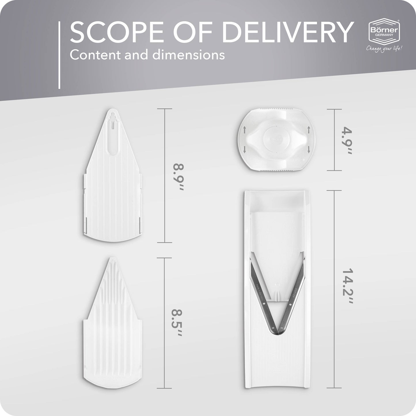 Product packaging with dimensions and scope of delivery details on a gray background