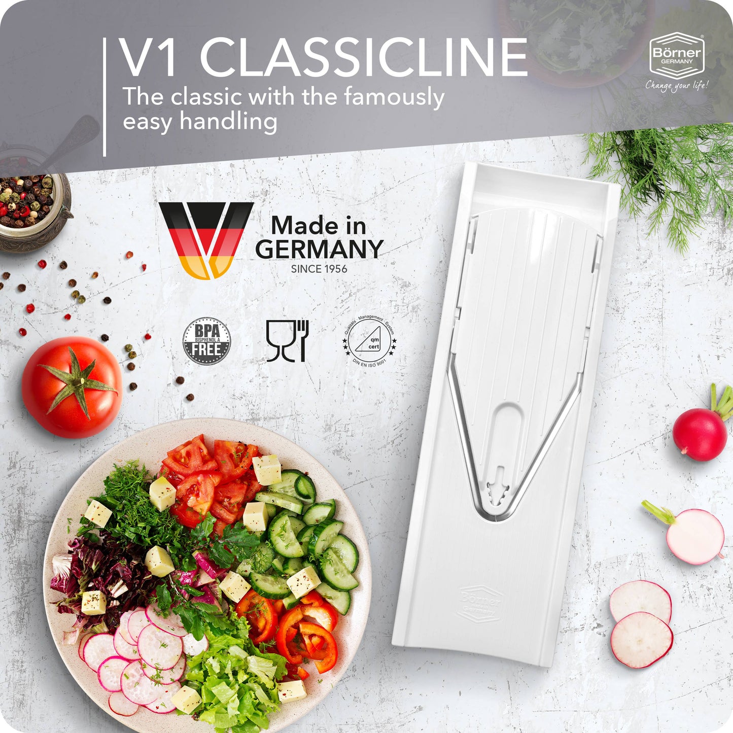 Product packaging with a salad and vegetables on a light background, featuring the brand 'Börner' and 'Made in Germany'.