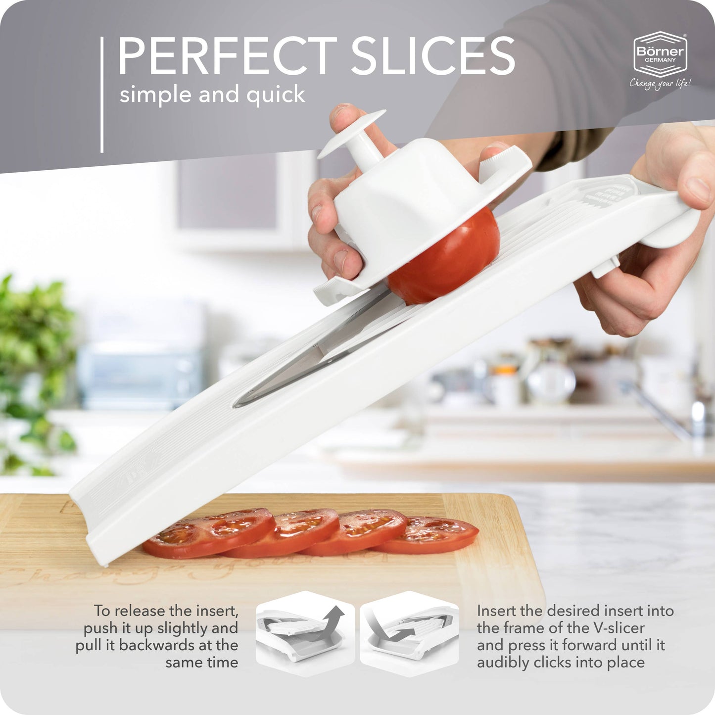 Börner V1 ClassicLine Vegetable Slicer
 being used to slice a tomato on a wooden board with kitchen background.