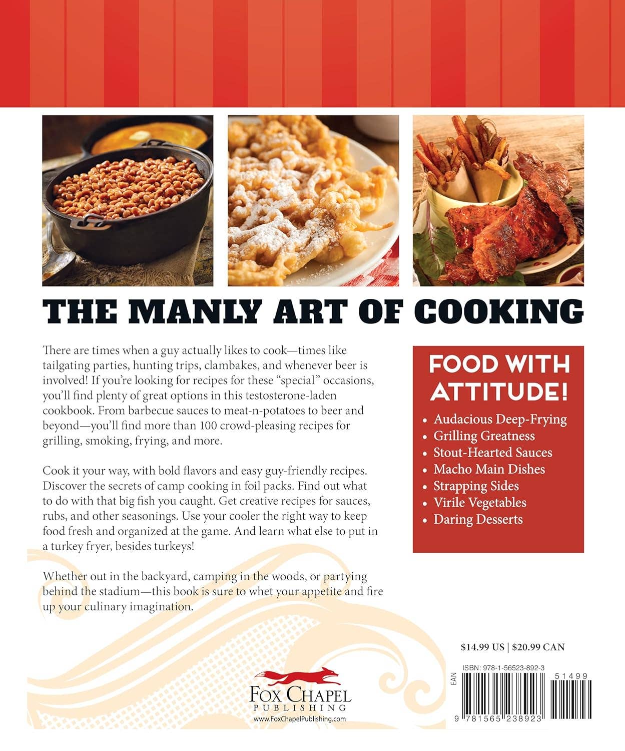 Book cover of 'The Manly Art of Cooking' with images of food and text about the book's content.