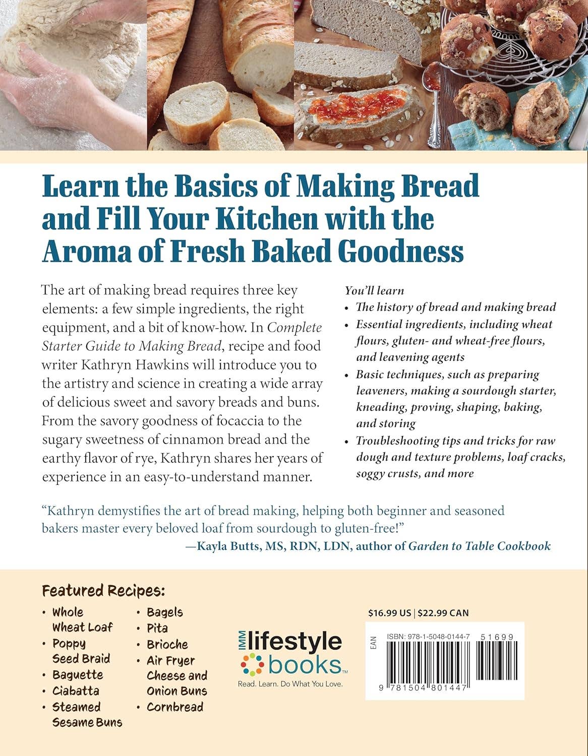 Book cover of 'The Complete Starter Guide to Making Bread' with images of bread-making process and finished loaves.