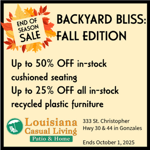 Promotional flyer for Backyard Bliss: Fall Edition sale at Louisiana Casual Living.