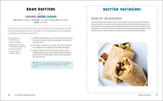 Recipe page for bean burritos with a photo of a burrito on a white plate.
