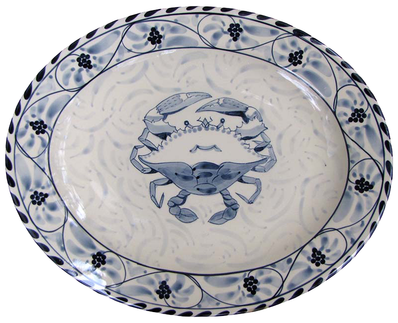 Decorative plate with blue crab design on a white background