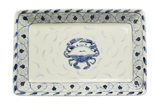 Rectangular ceramic tray with blue crab design on a white background