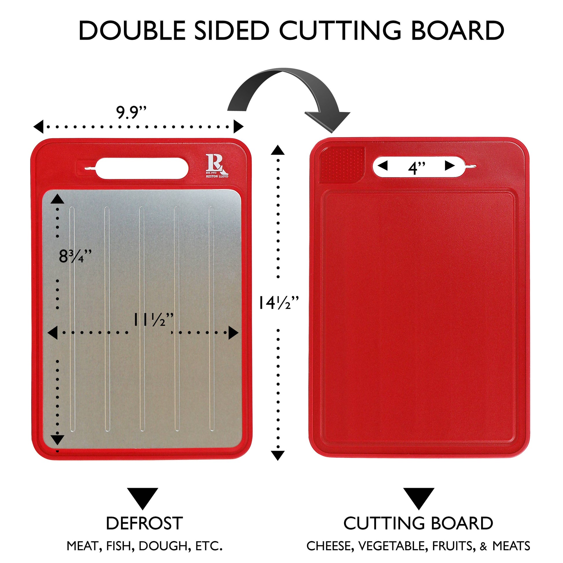 Double-sided cutting board with defrost and cutting surfaces, showing dimensions and uses.