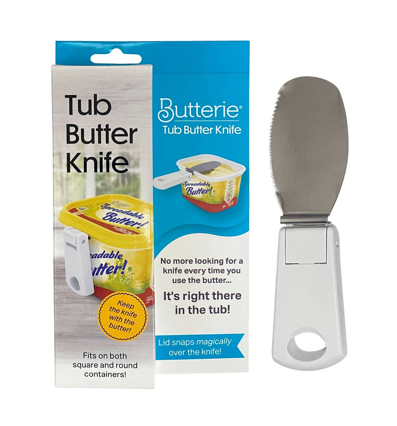 Butter knife with packaging featuring 'Butterie' branding on a white background