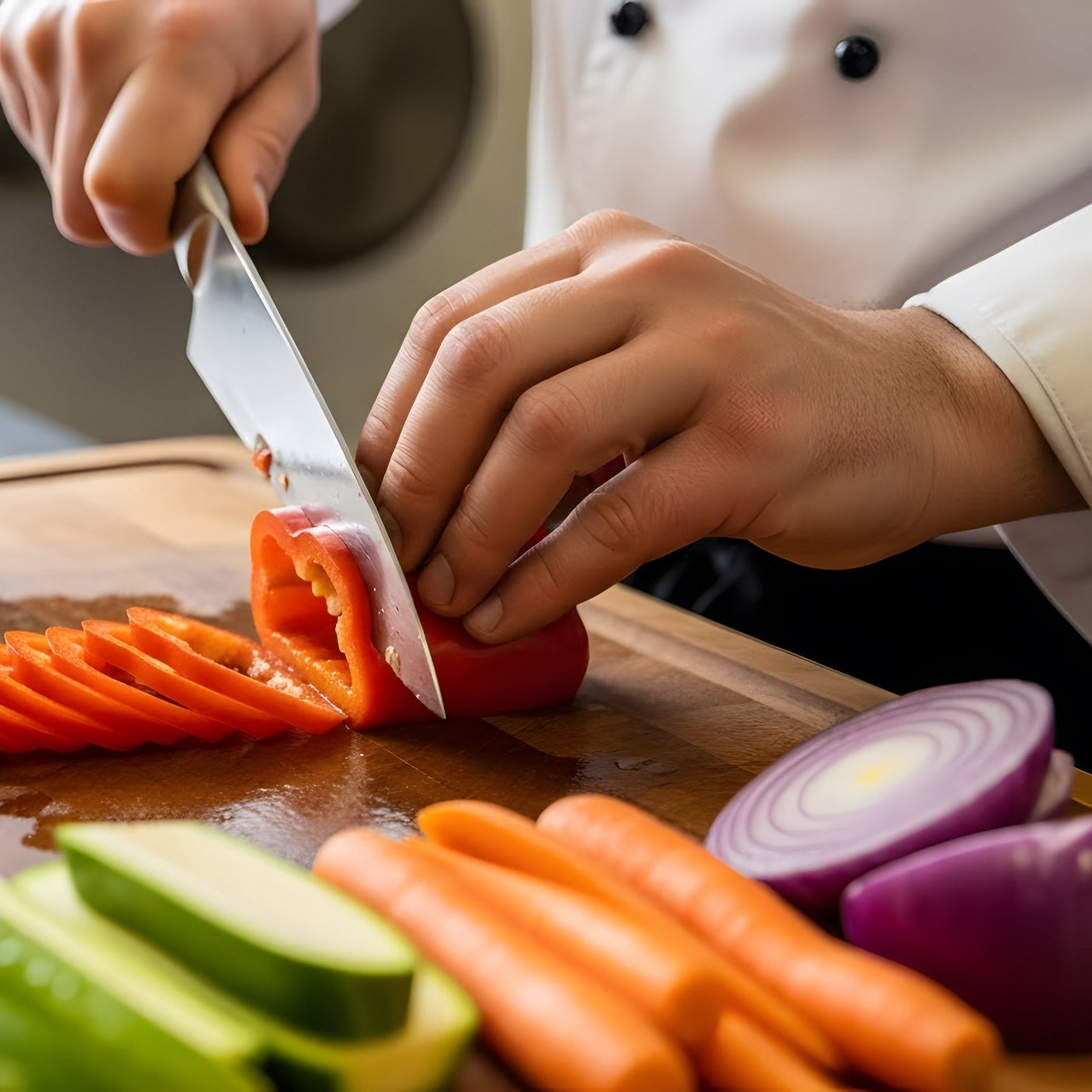 Chef cutting vegetables on a wooden cutting board in a kitchen.