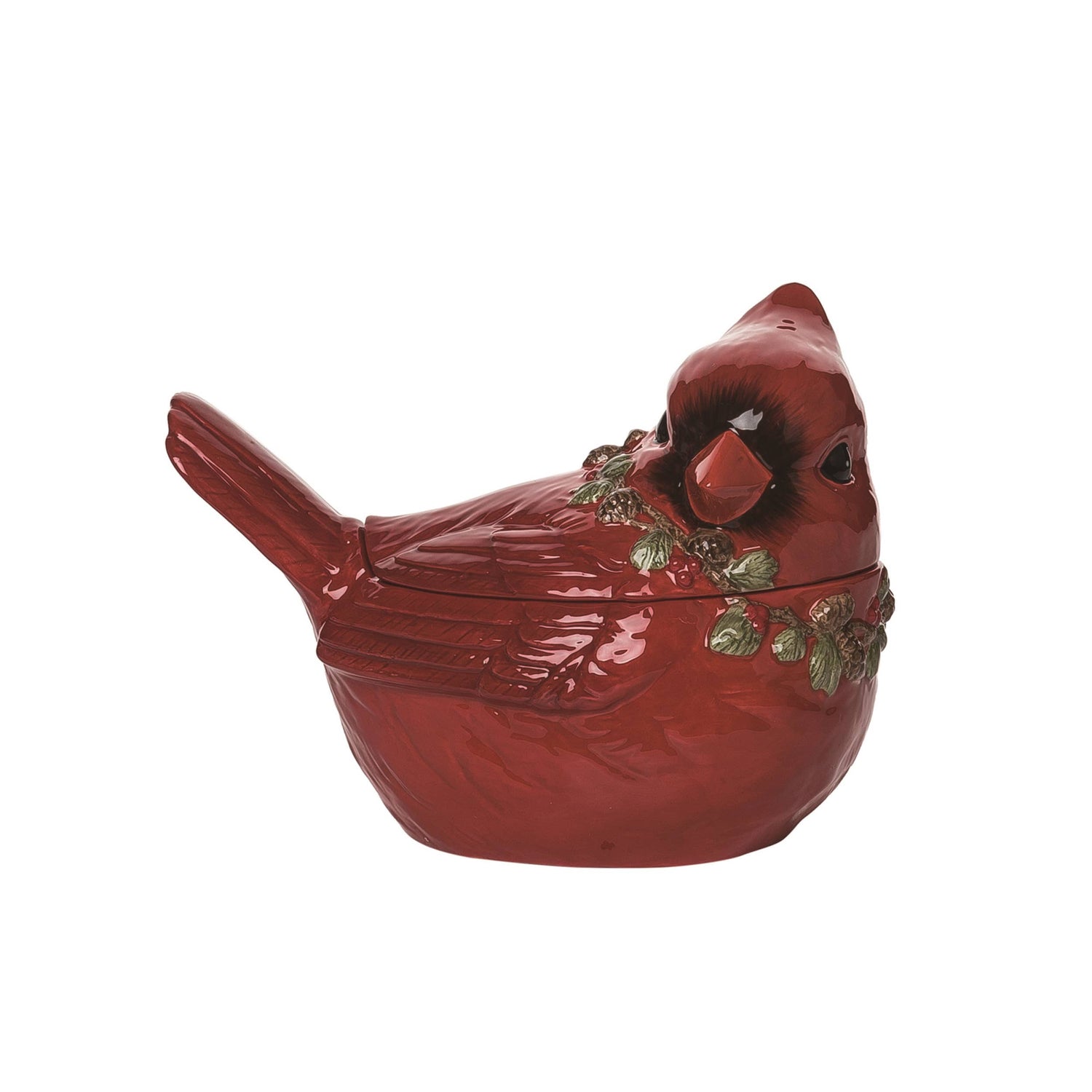 Red cardinal-shaped cookie jar on a white background
