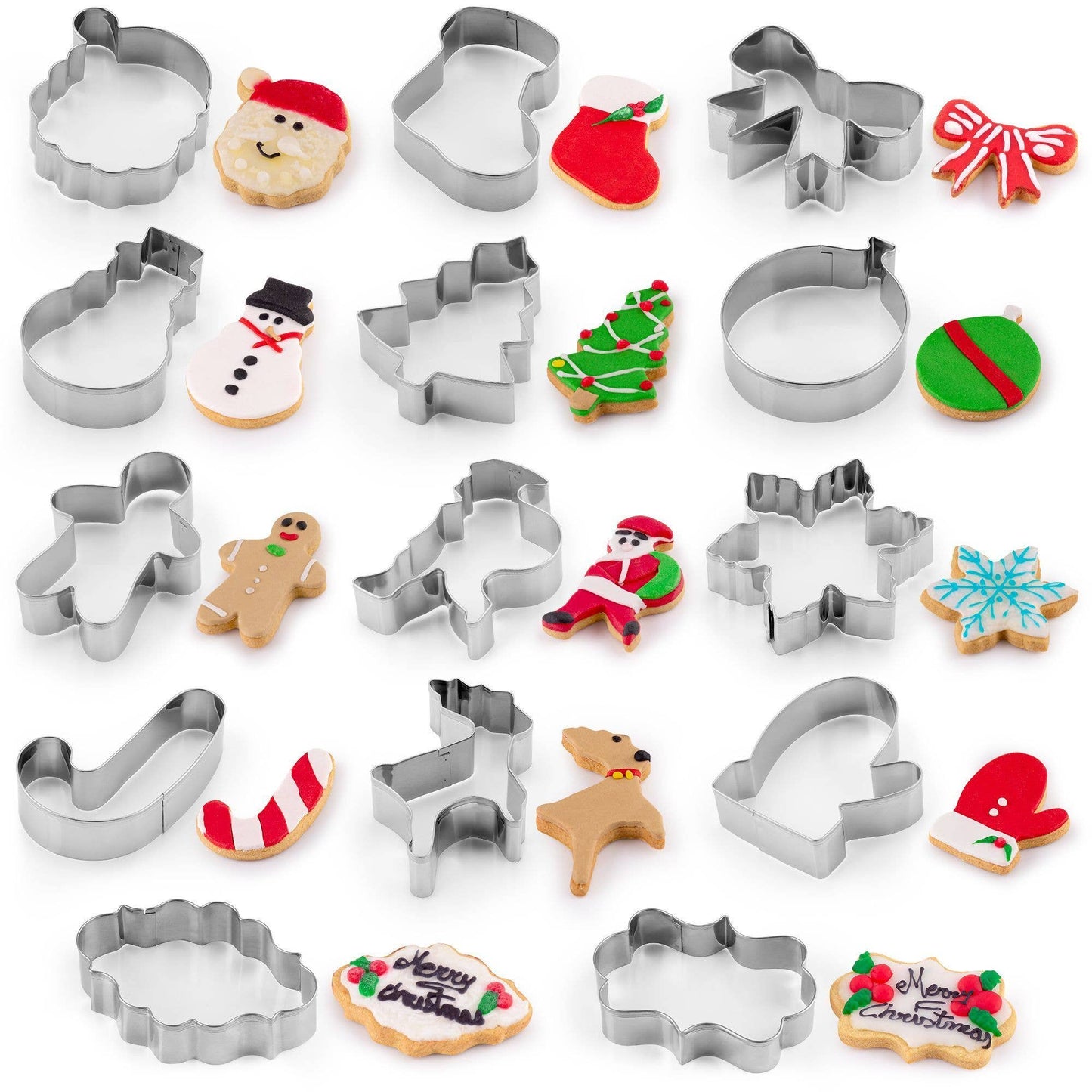Set of Christmas-themed cookie cutters with corresponding cookies on a white background