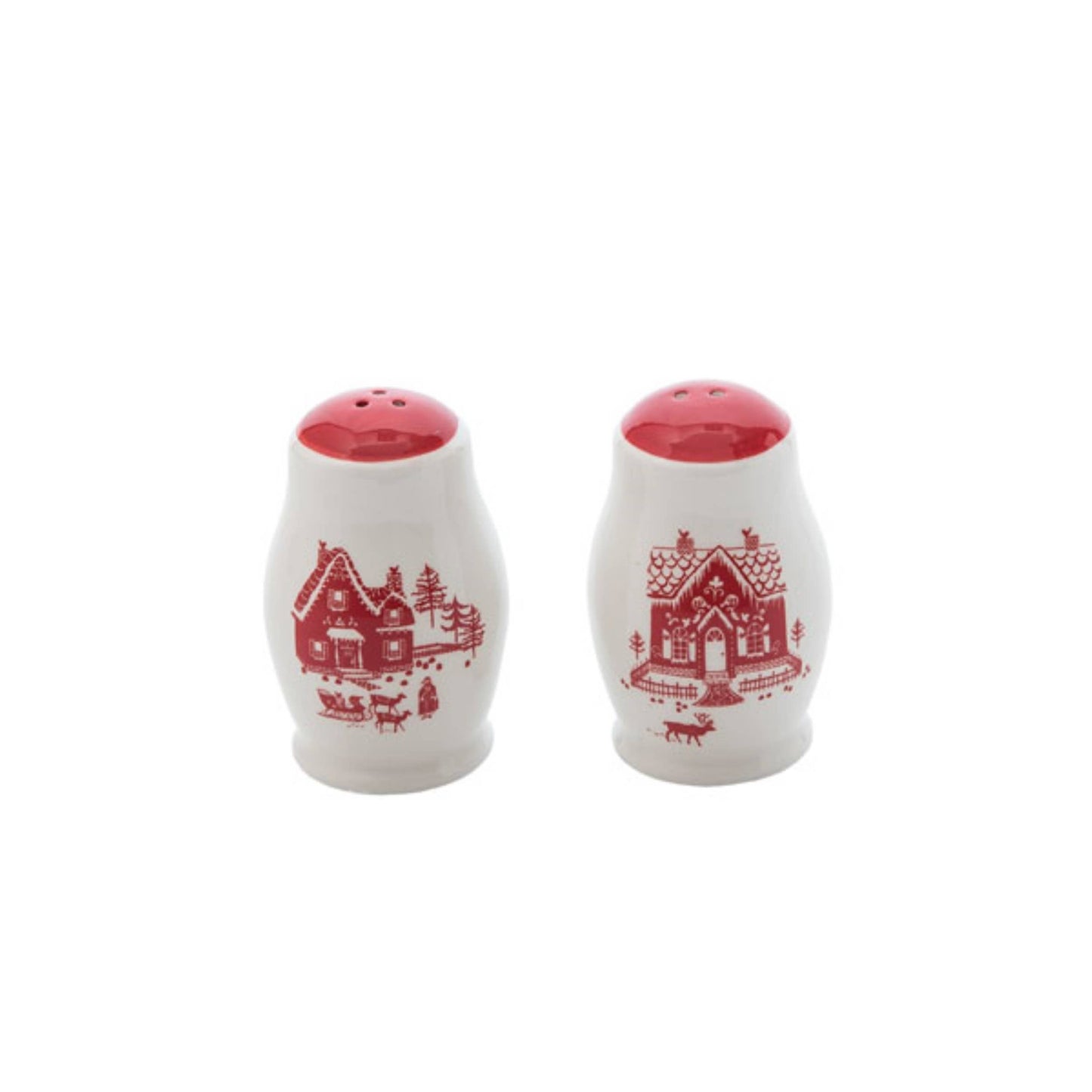 Two white salt and pepper shakers with red house designs on a white background