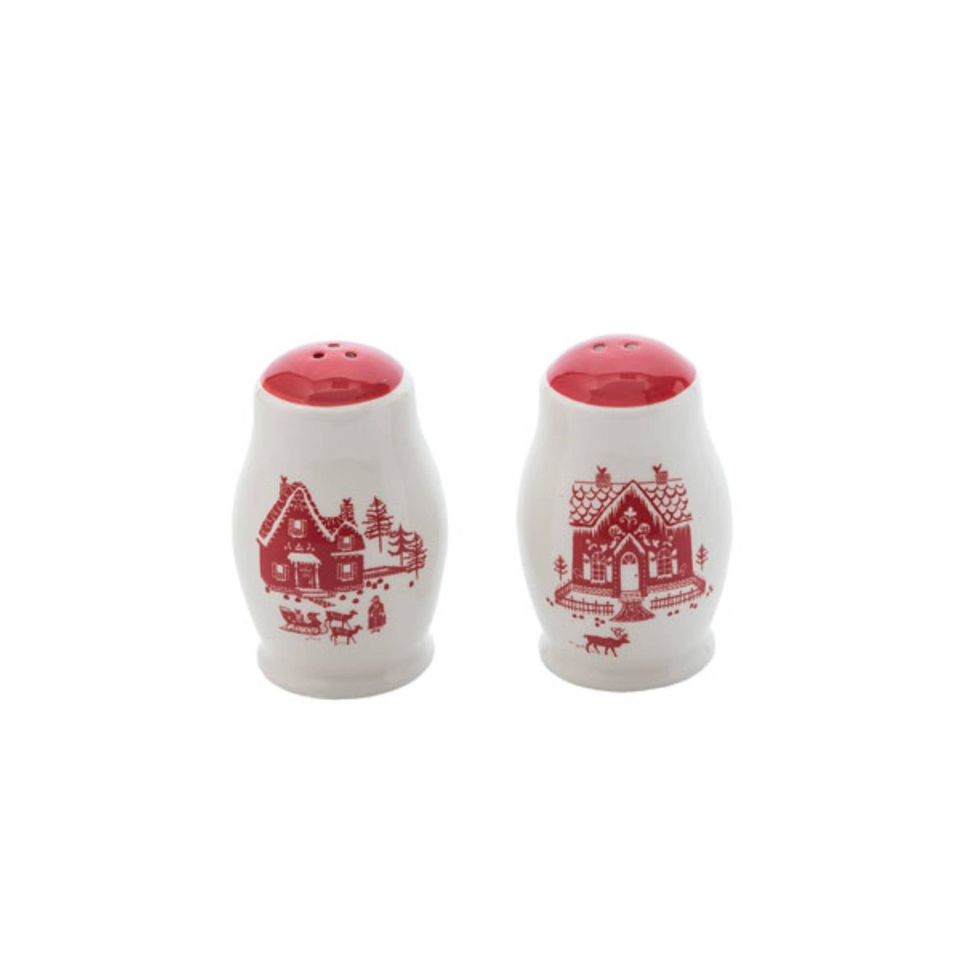 Two white salt and pepper shakers with red house designs on a white background