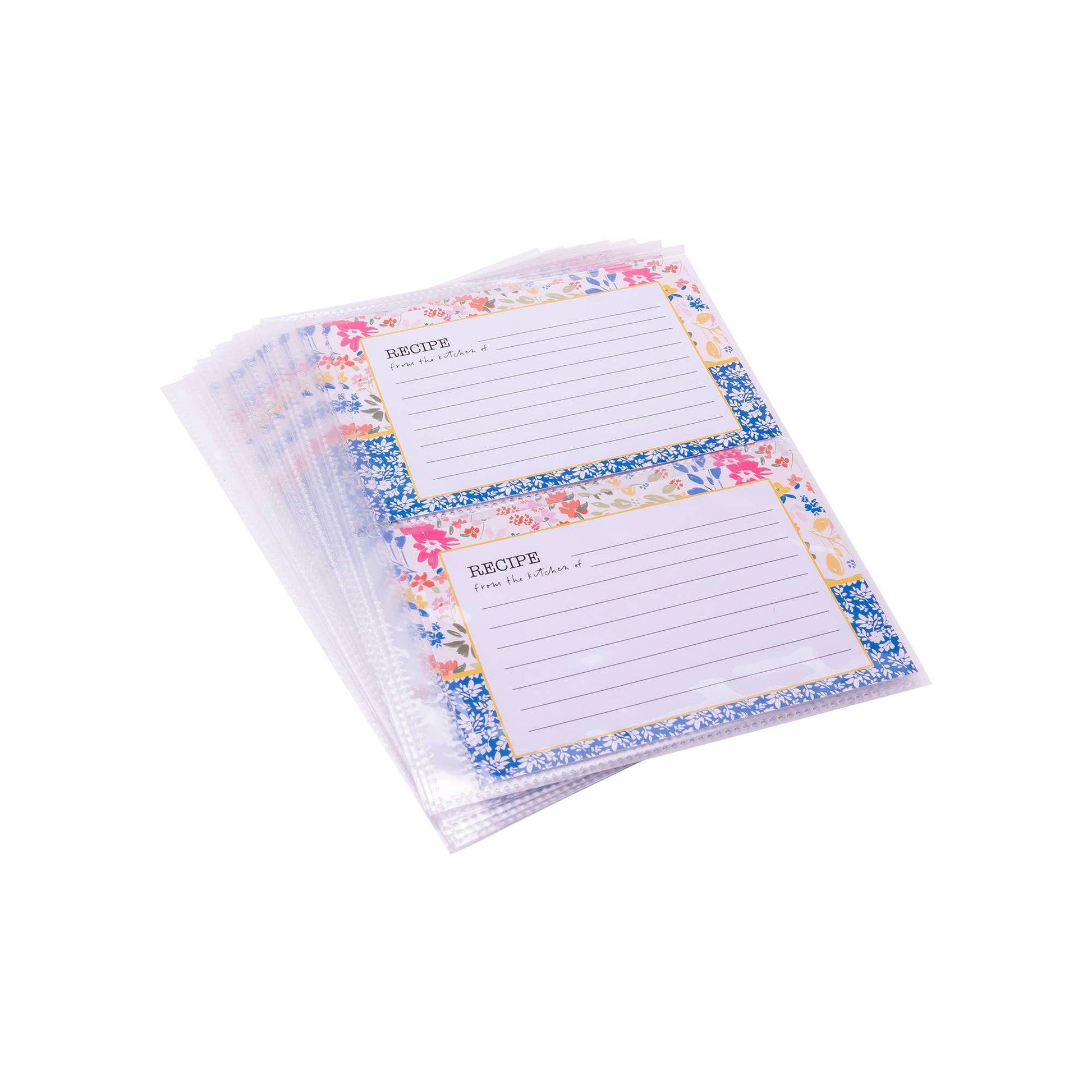 Stack of recipe cards with floral border on a white background