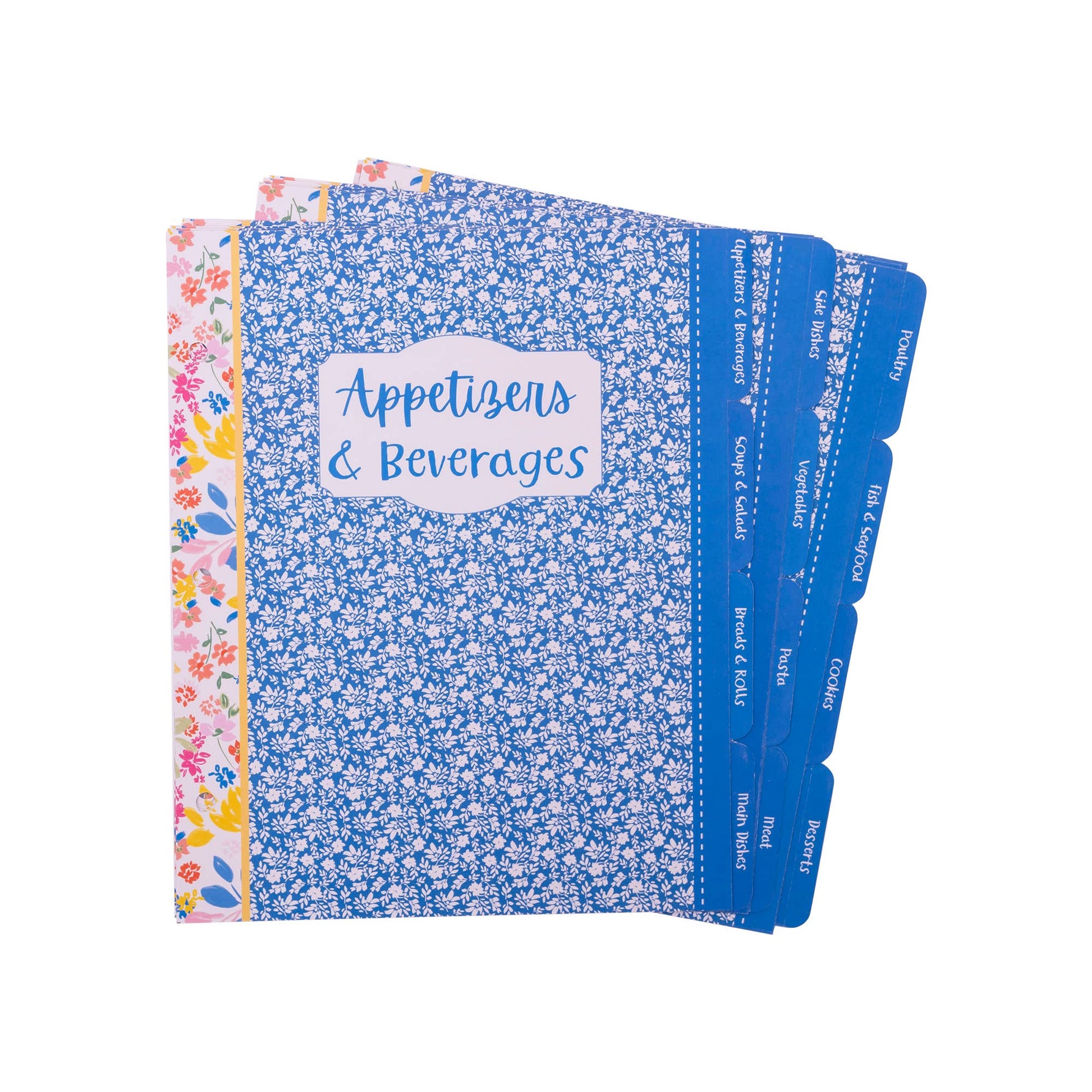 Blue floral notebook with 'Appetizers & Beverages' label on a white background