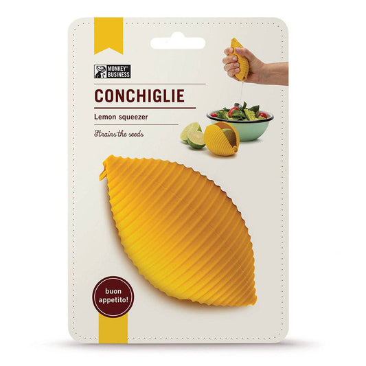 Yellow lemon-shaped squeezer in packaging with branding and product details.