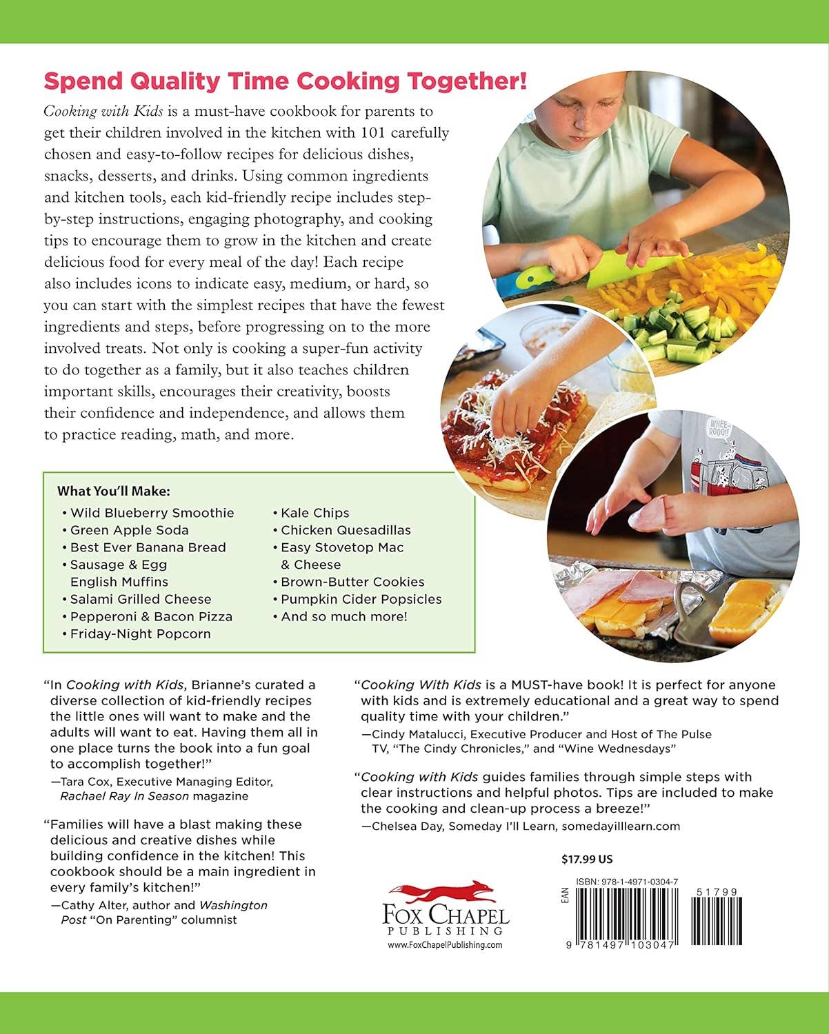 Back cover of a cookbook with cooking activities and recipes for children.
