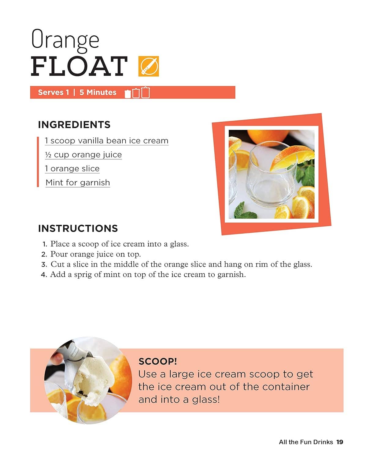 Recipe card for an orange float with ingredients and instructions.