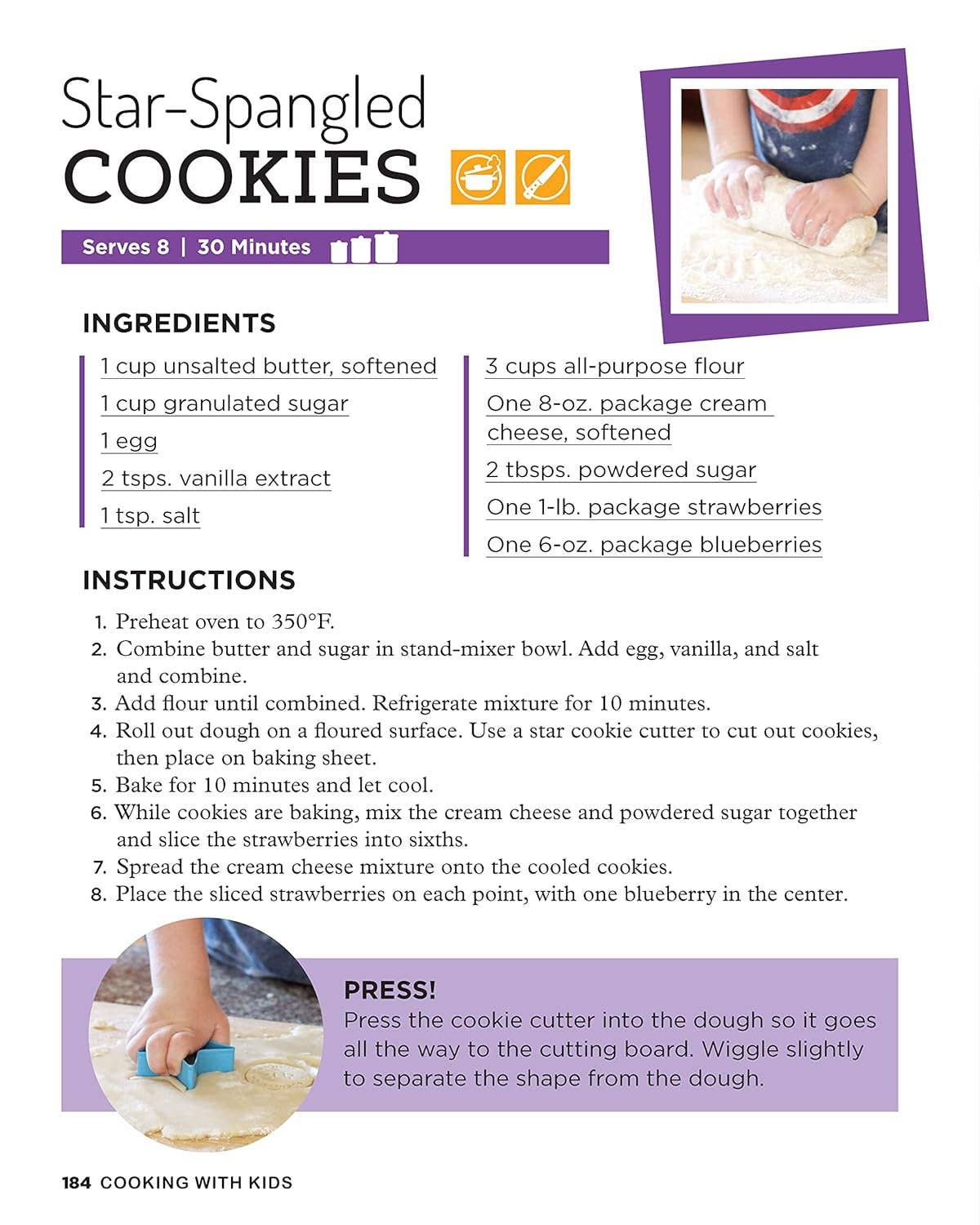 Recipe card for Star-Spangled Cookies with ingredients and instructions.