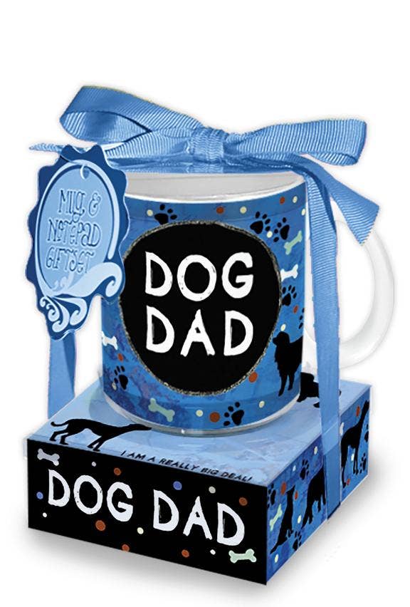 Mug with 'Dog Dad' text in a blue gift box