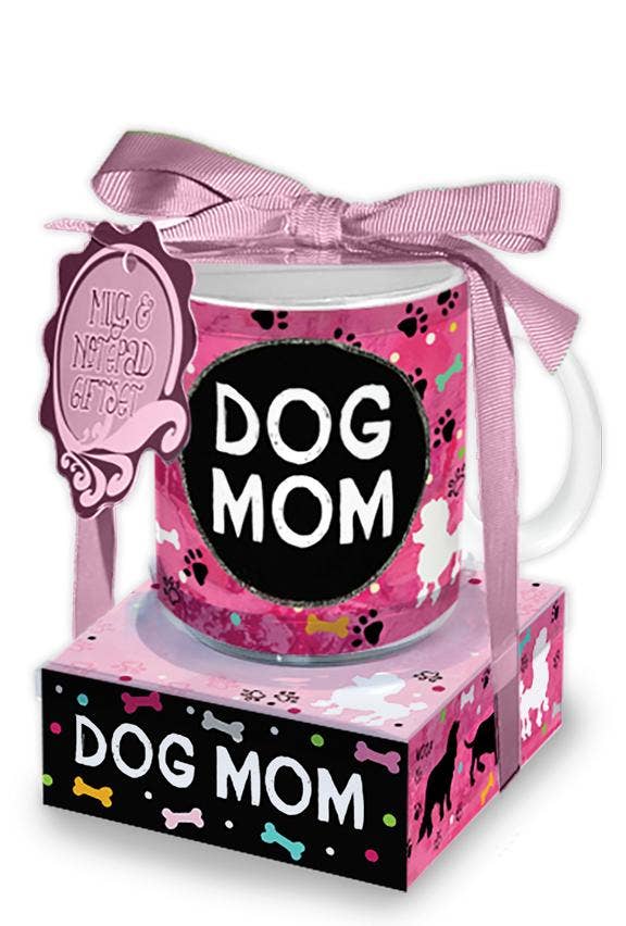 Mug with 'Dog Mom' text in a decorative box with pink ribbon