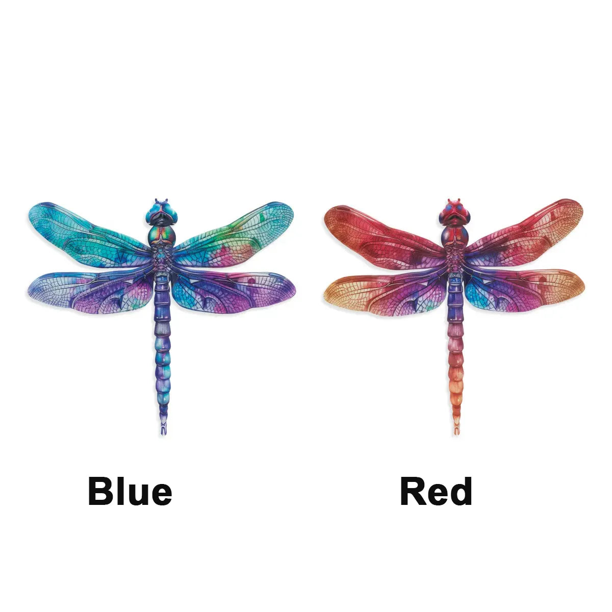 Two colorful dragonflies, one blue and one red, on a white background.