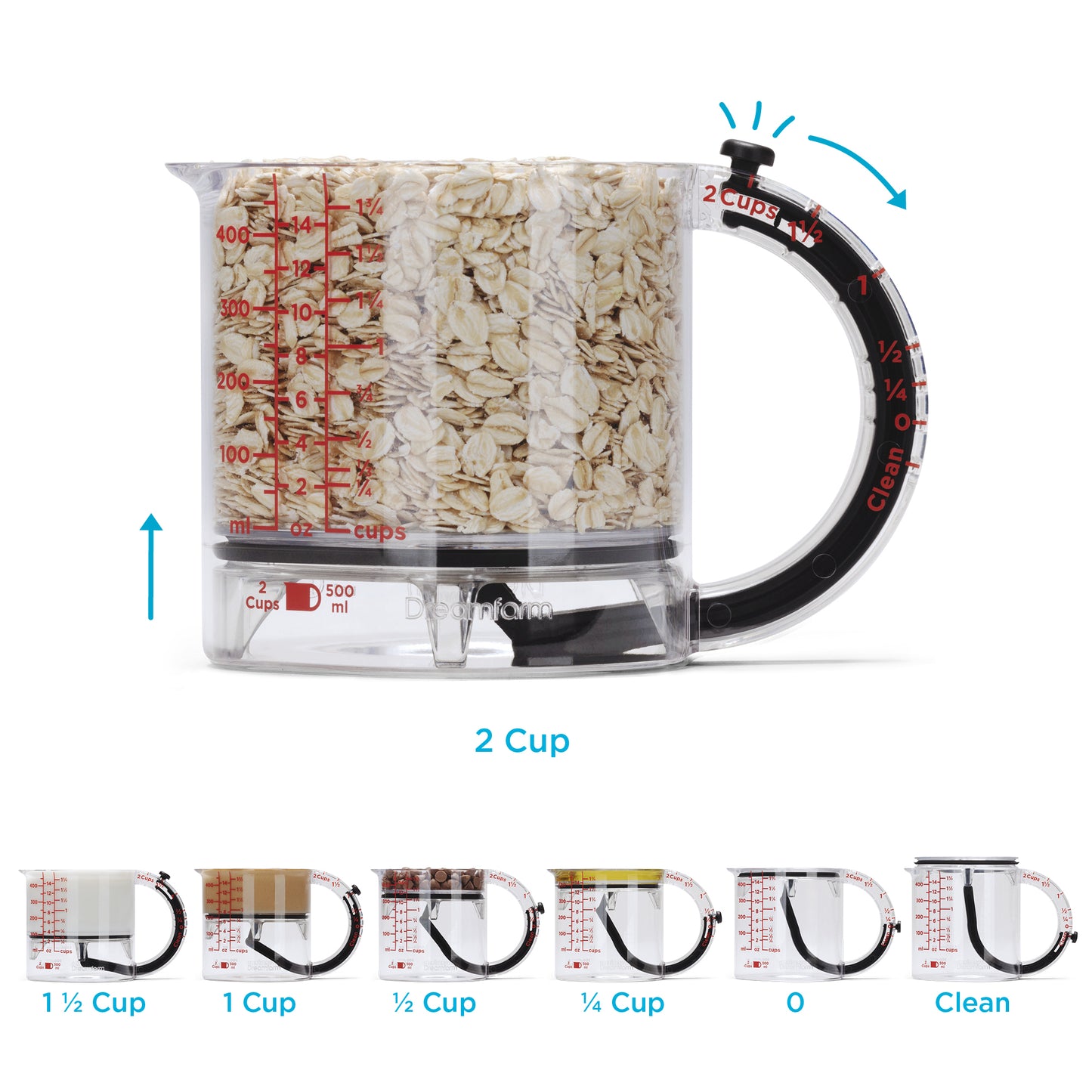 Dreamfarm Big Upcup showing multiple uses and measurements