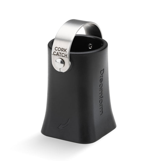 Black wine cork catcher with silver cap on a white background