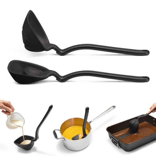 Dreamfamr Fladle in Black ladle with various uses shown on a white background
