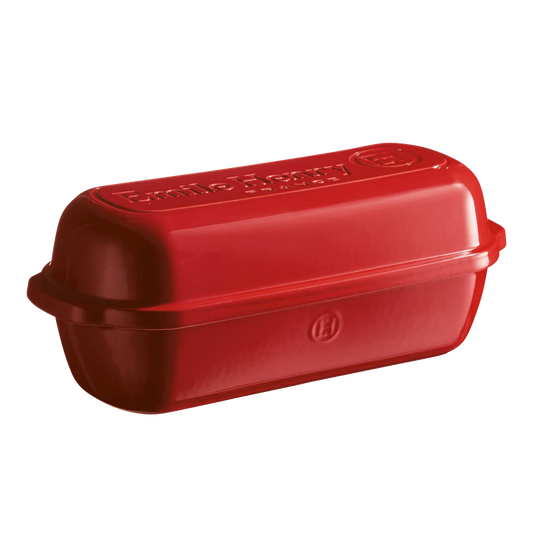 Red bread loaf pan with brand logo on a white background