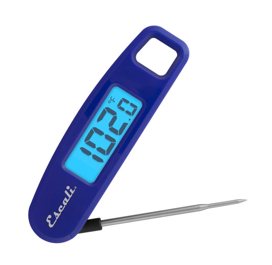 Blue digital thermometer with a visible brand logo on a white background