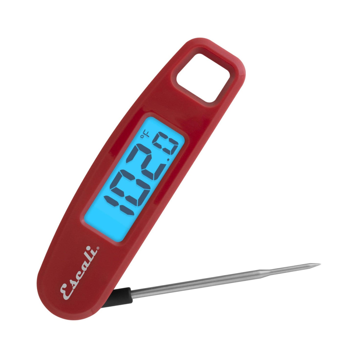 Red digital thermometer with blue display on a white background