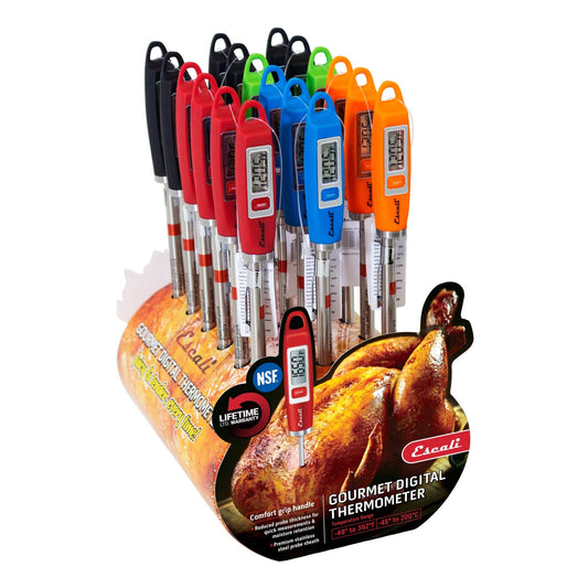 Set of digital thermometers in various colors with a display of a roasted turkey on the packaging.
