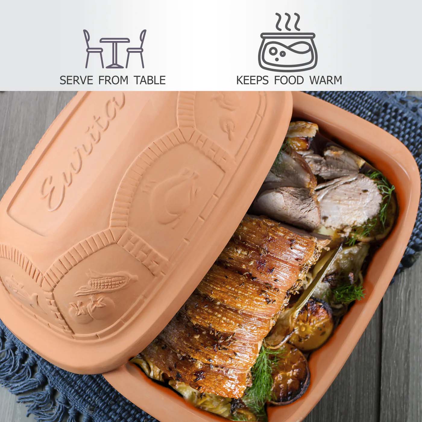 Terracotta dish with food and lid, featuring 'Evoliva' branding, on a wooden surface.