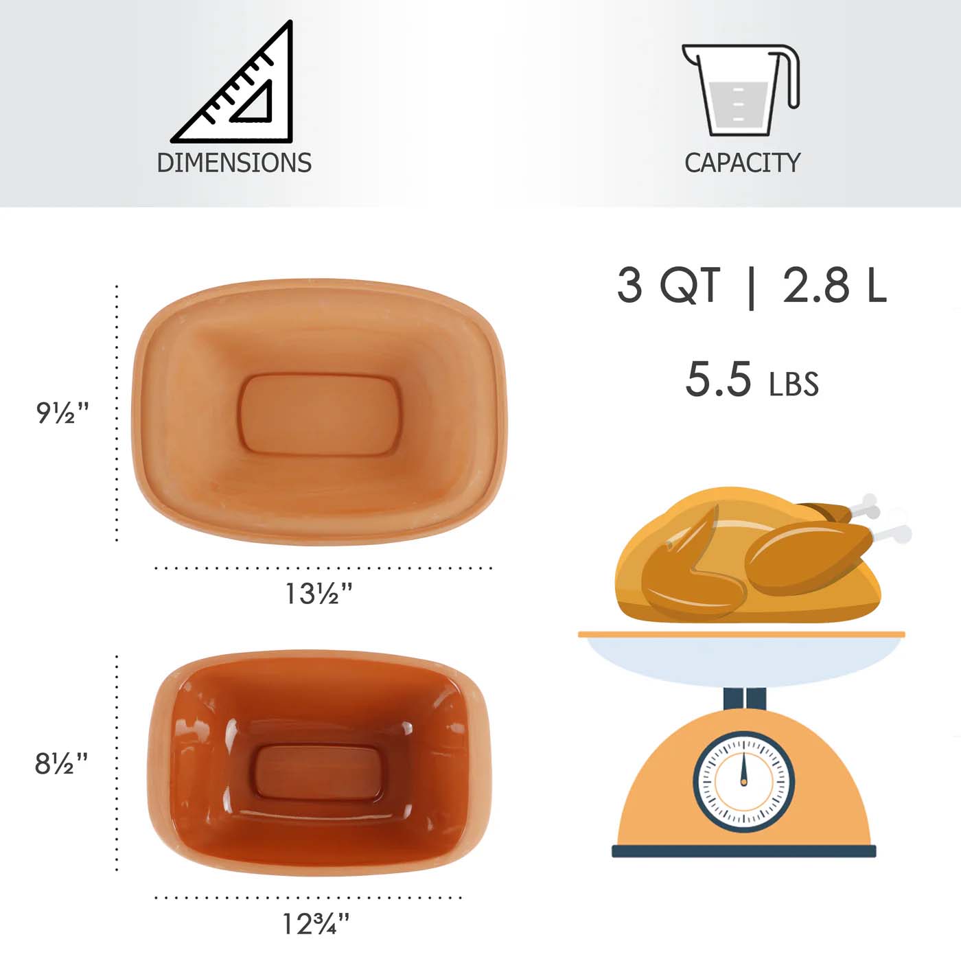 Rectangular baking dish with dimensions, capacity, and weight information on a white background.
