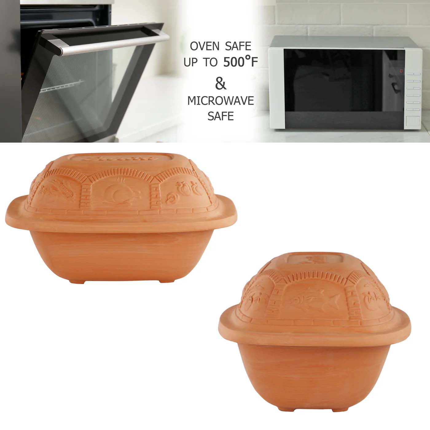 Two terracotta cookware items with text indicating oven and microwave safety on a white background.