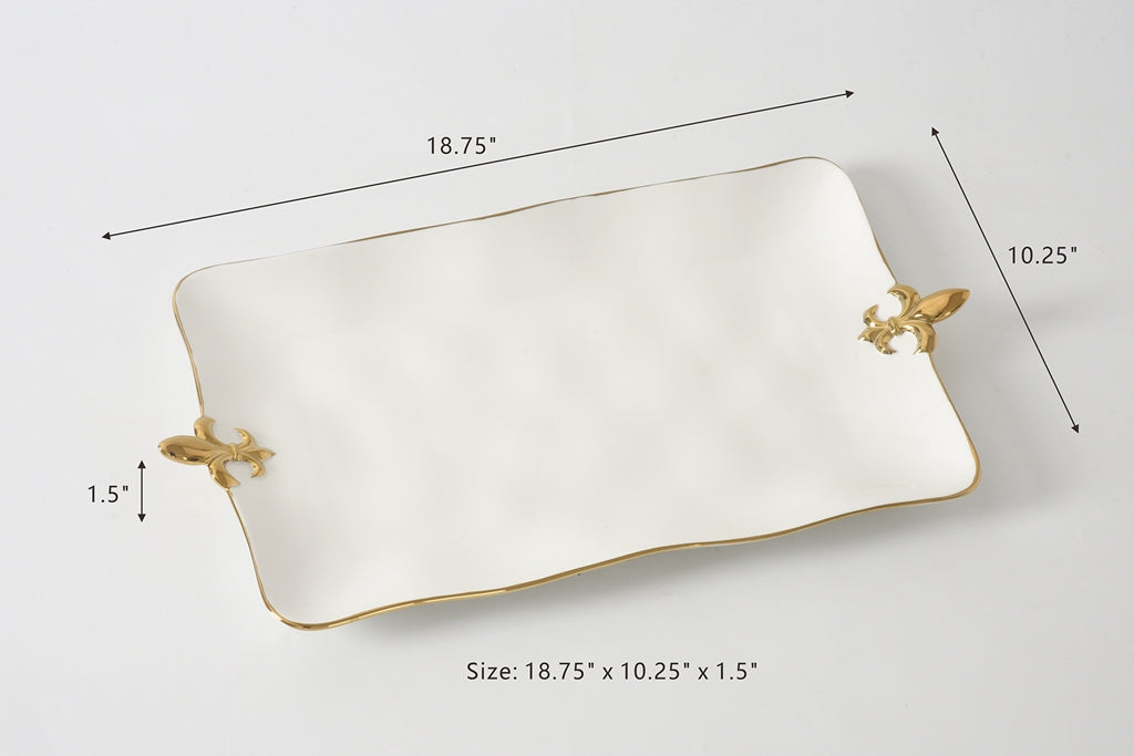 White platter with gold fleur de lis accents and measurements on a light gray background