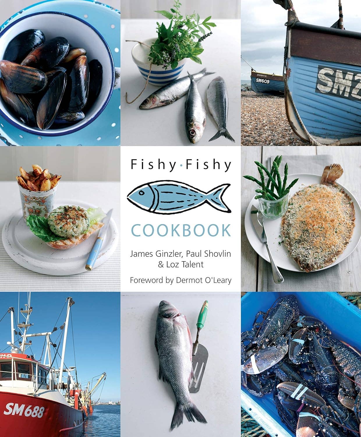 Collage of images related to seafood and cooking, featuring the 'Fishy Fishy Cookbook' by James Ginzler, Paul Shovlin, and Loz Talent.