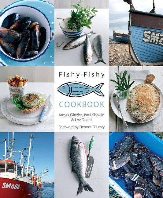 Collage of images related to seafood and cooking, featuring the 'Fishy Fishy Cookbook' by James Ginzler, Paul Shovlin, and Loz Talent.