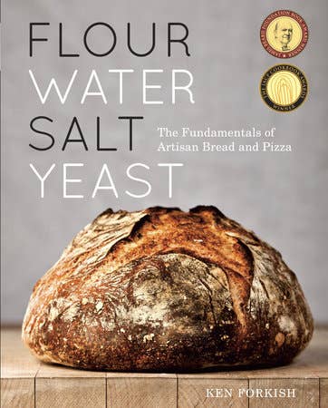 Book cover of 'Flour Water Salt Yeast' with a loaf of bread and author's name on a gray background