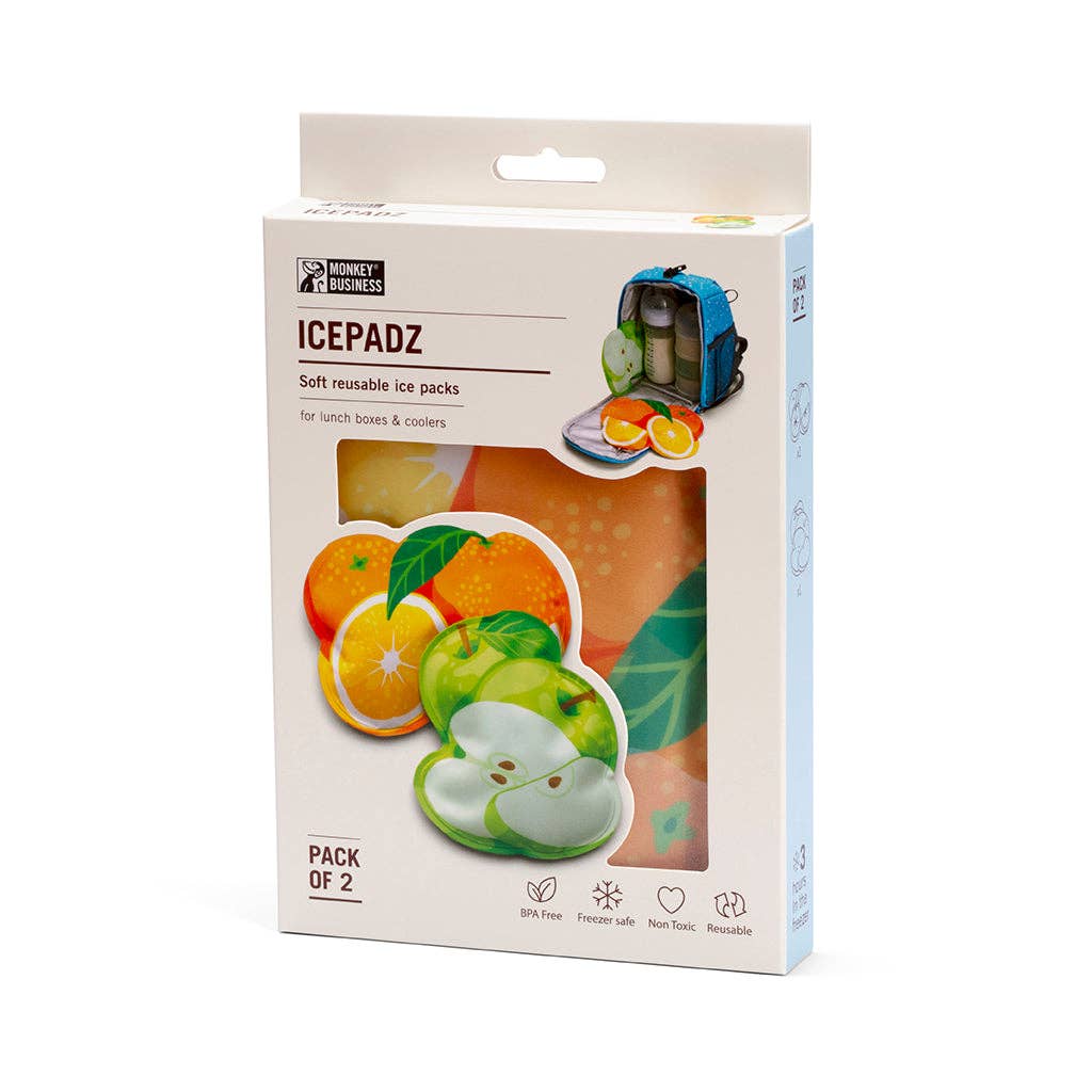 Packaging of ICEPADZ soft reusable ice packs with images of fruits on a white background