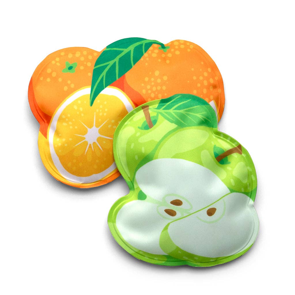 Two fruit-shaped ice packs, one orange and one green apple, on a white background.
