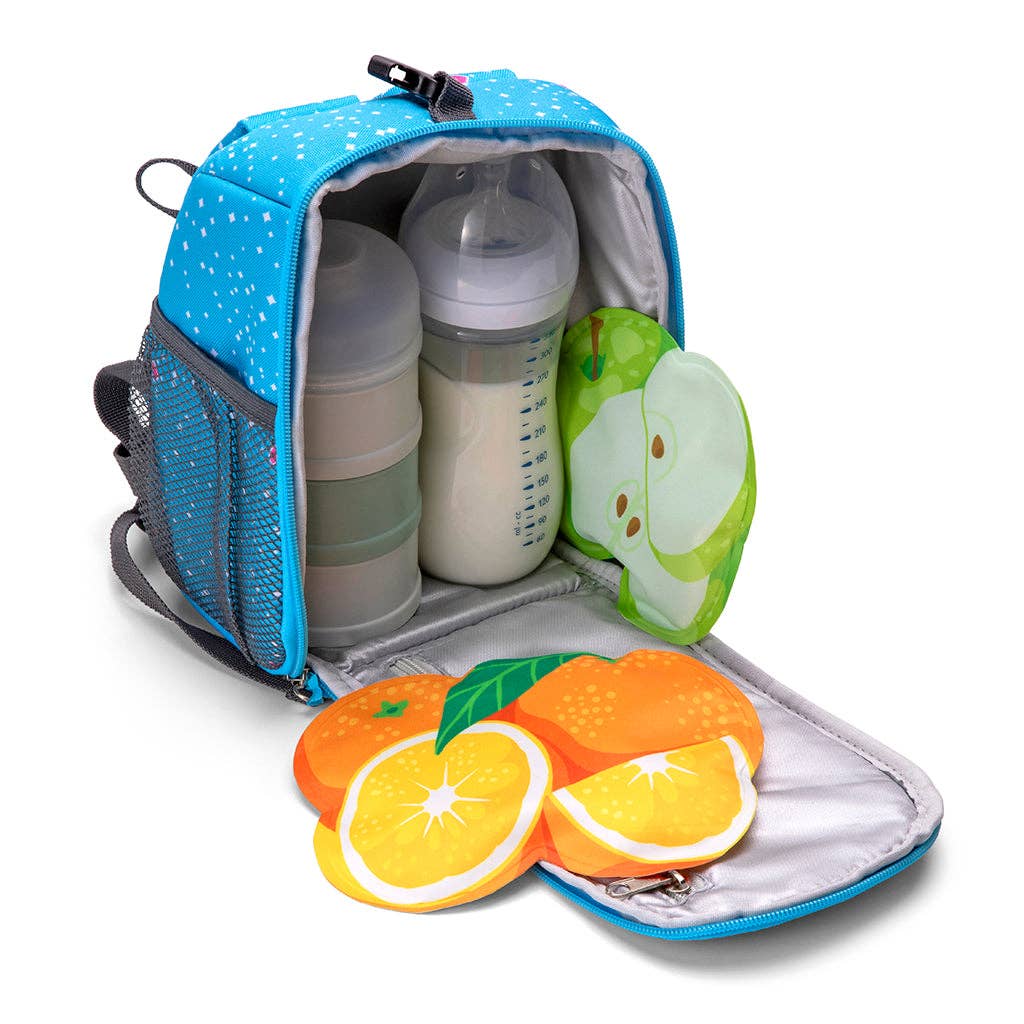  insulated bag with bottles and fruit-shaoed ice packs on a white background