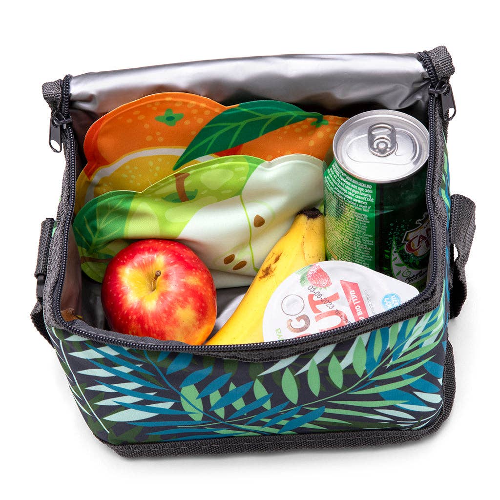  insulated lunch bag with food items including a can, apple, and fruit-shaped ice packs on a white background