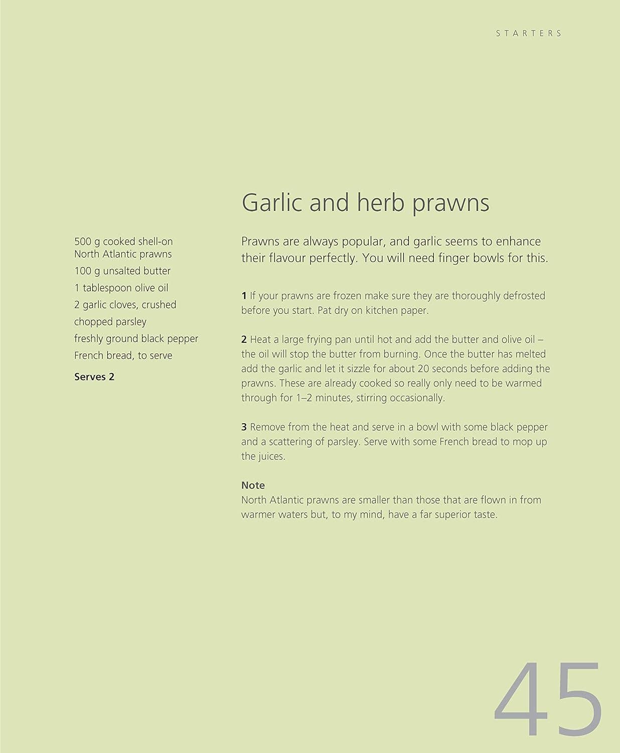 Recipe card for garlic and herb prawns on a light green background