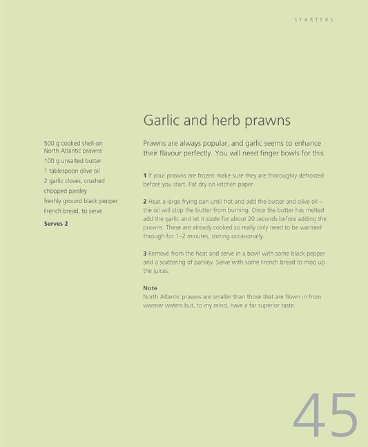 Recipe card for garlic and herb prawns on a light green background
