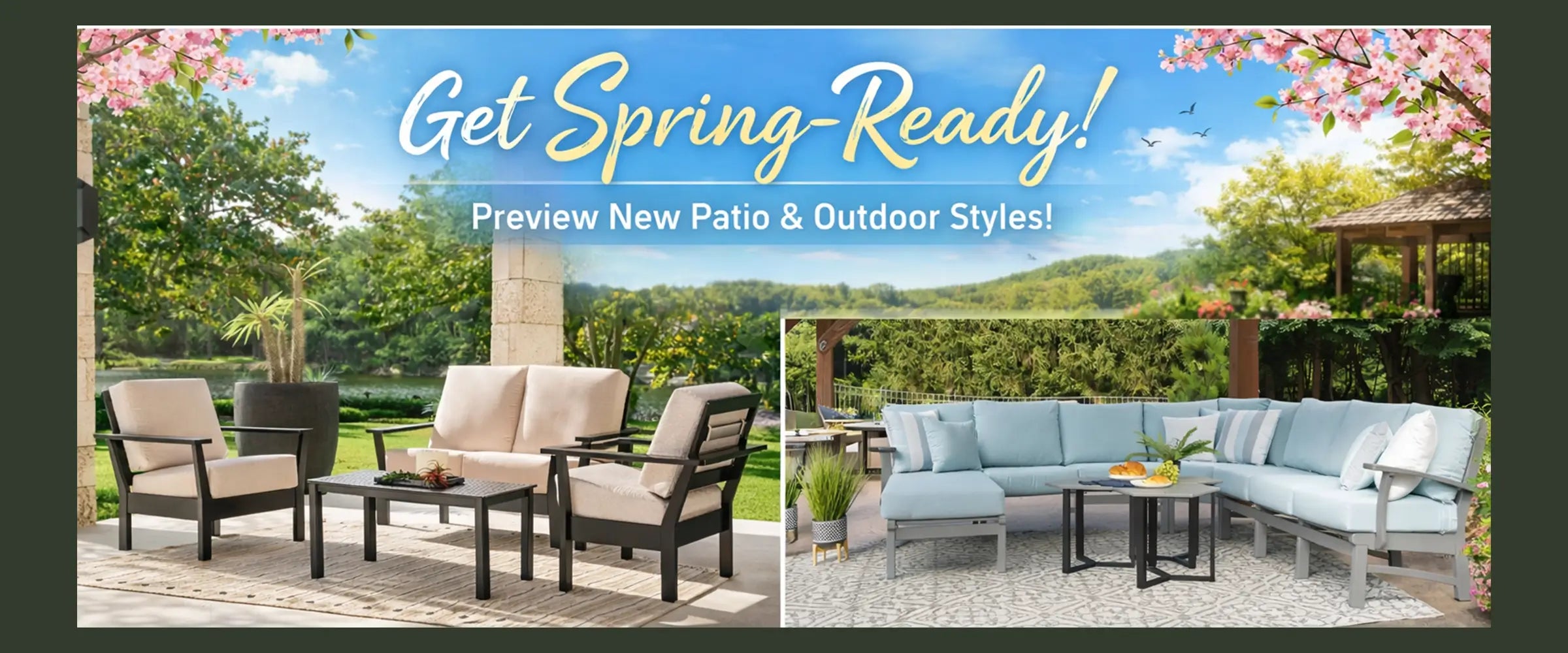 Two sets of patio furniture with a spring background