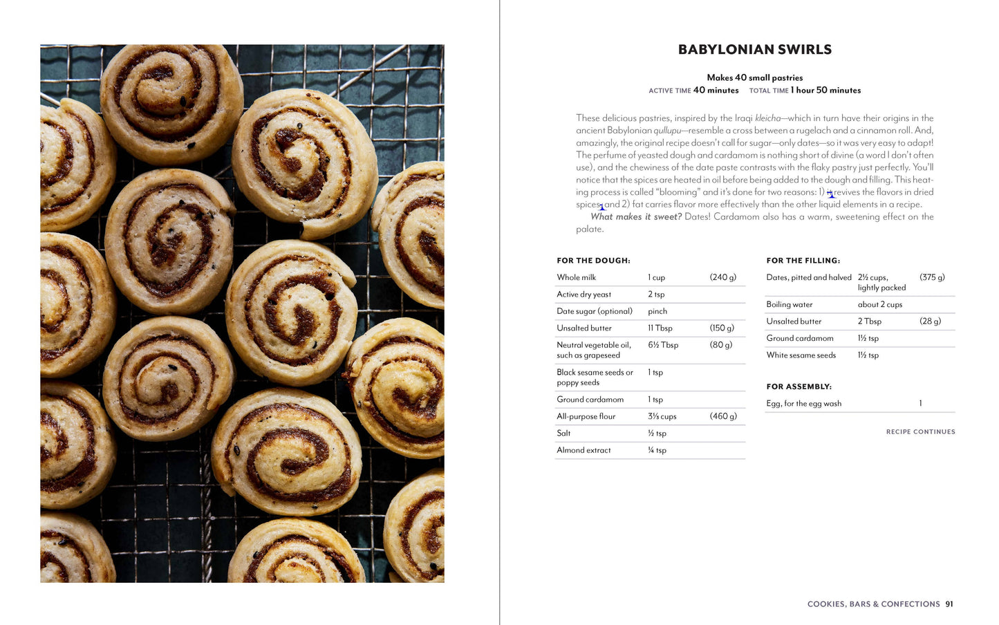 Babylonian swirls pastry on a cooling rack with recipe details on the right.