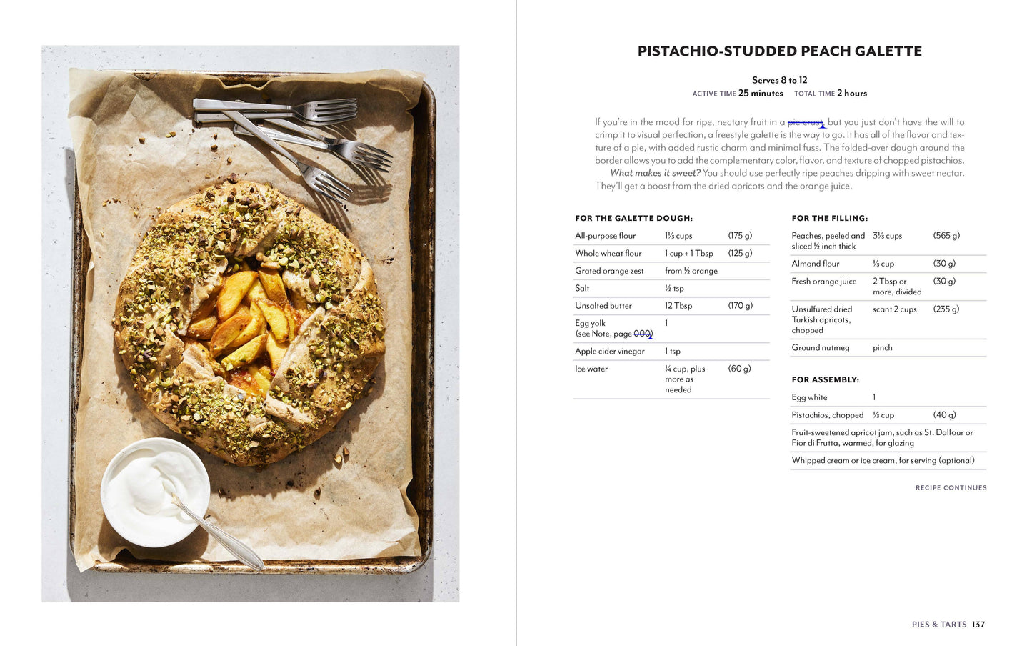 Pistachio-studded peach galette on a baking tray with utensils, recipe on the right.