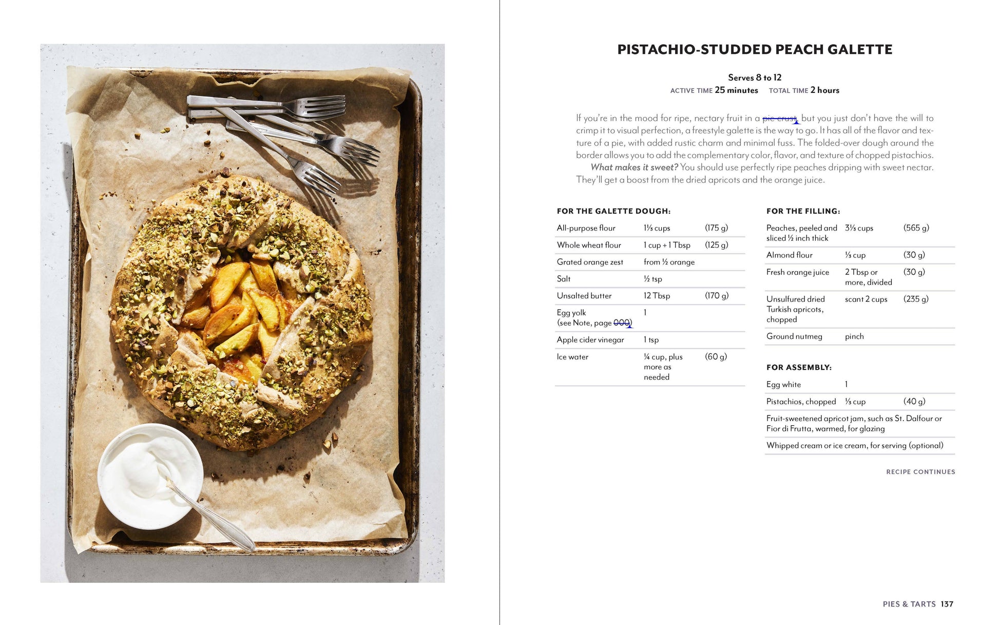 Pistachio-studded peach galette on a baking tray with utensils, recipe on the right.